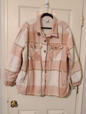 Women’s Plaid Button-Front Shacket Jacket - Pink & White